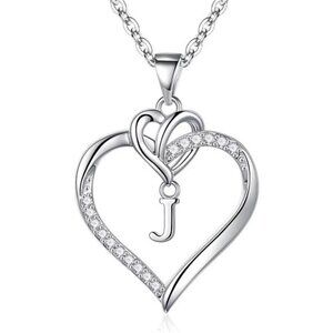 Heart Initial Necklaces for Women Girls Silver J
